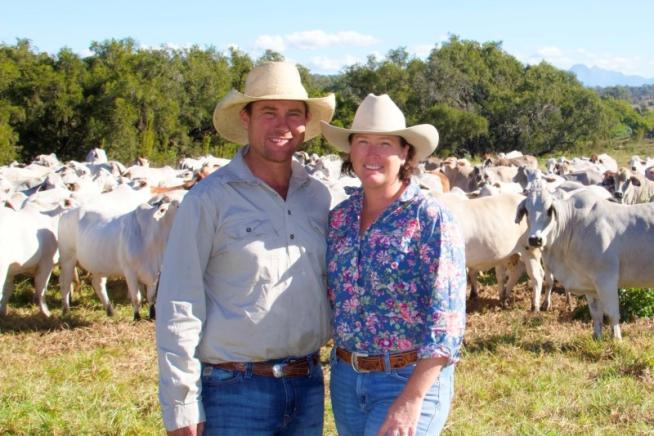 Man and woman standing with cattle